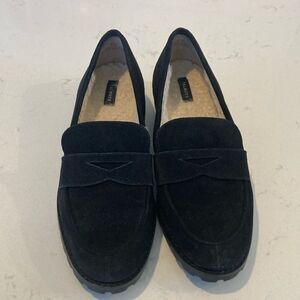 Talbots Black Suede Classic Loafers fully Sherpa lined size 8.5
